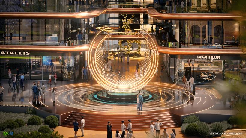 Central atrium with sculptural sphere