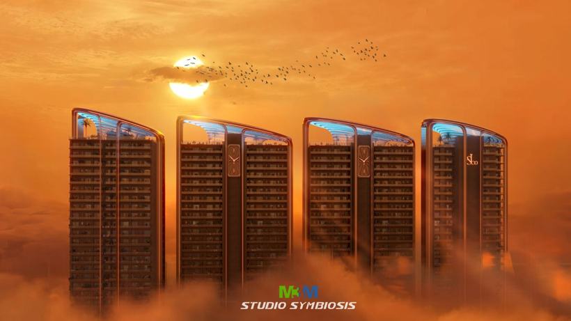 Towers above the clouds at sunset